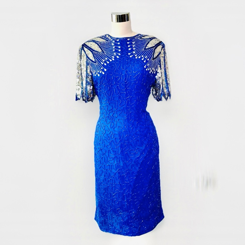 Laurence Kazar Vintage 80’s Blue Dress w/ Silver Peacock‎ Sequins and Open Back